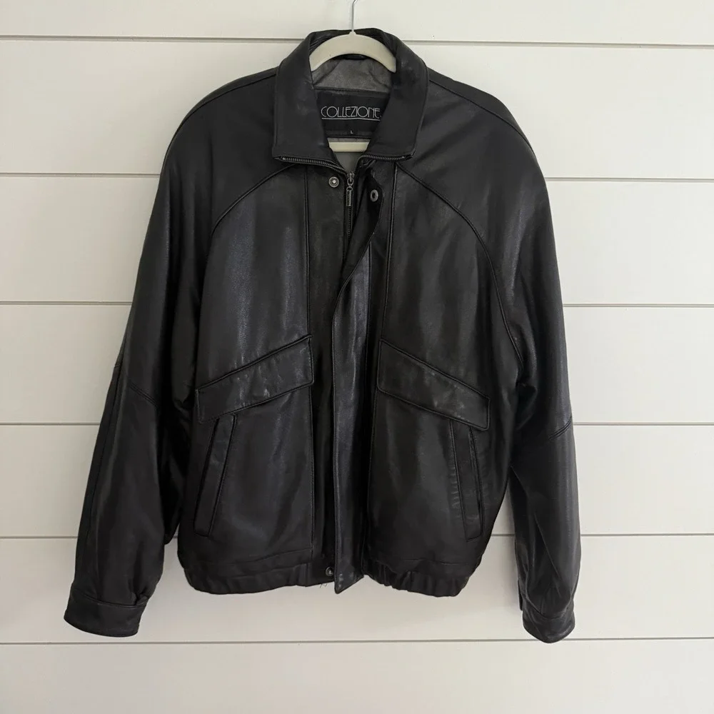 Vintage Collezione Black Leather Bomber Jacket Men's Size Large Full Zip EUC